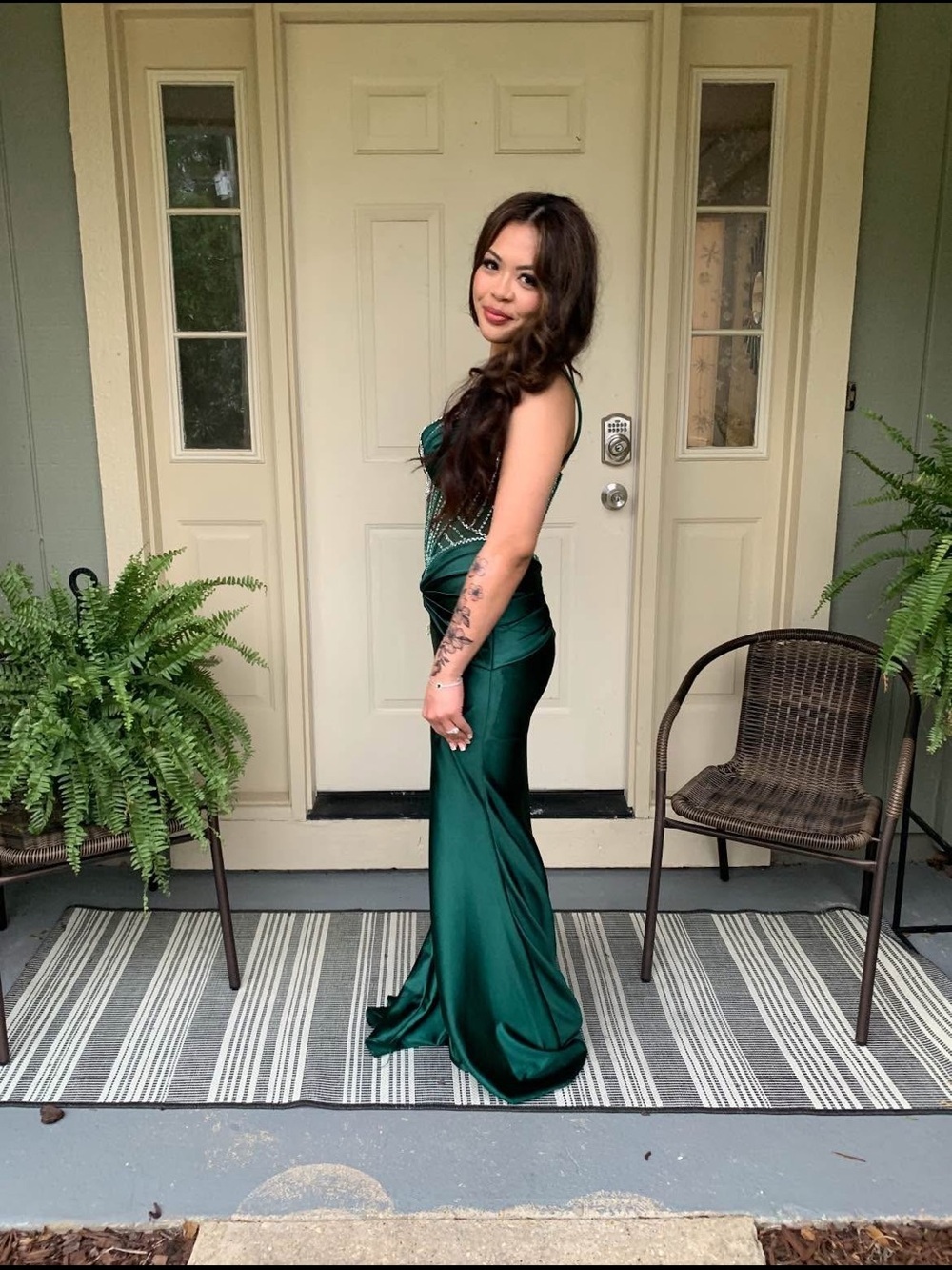 Emerald Green Satin Beaded Evening Gown - Picture 2 of 2